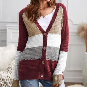 V-Neck Color Block Button Closure Eyelet Cardigan